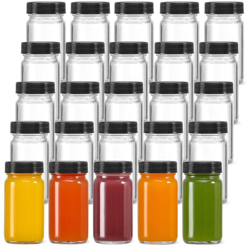 25 Pack 2 oz Glass Shot Bottles w/ Black Lids & 25 Labels - Small Clear Jar for Ginger, Wellness Shot, Juice, Sample, Whiskey - Travel Essentials Mini Bottles - Wide Mouth, Leakproof, Dishwasher Safe