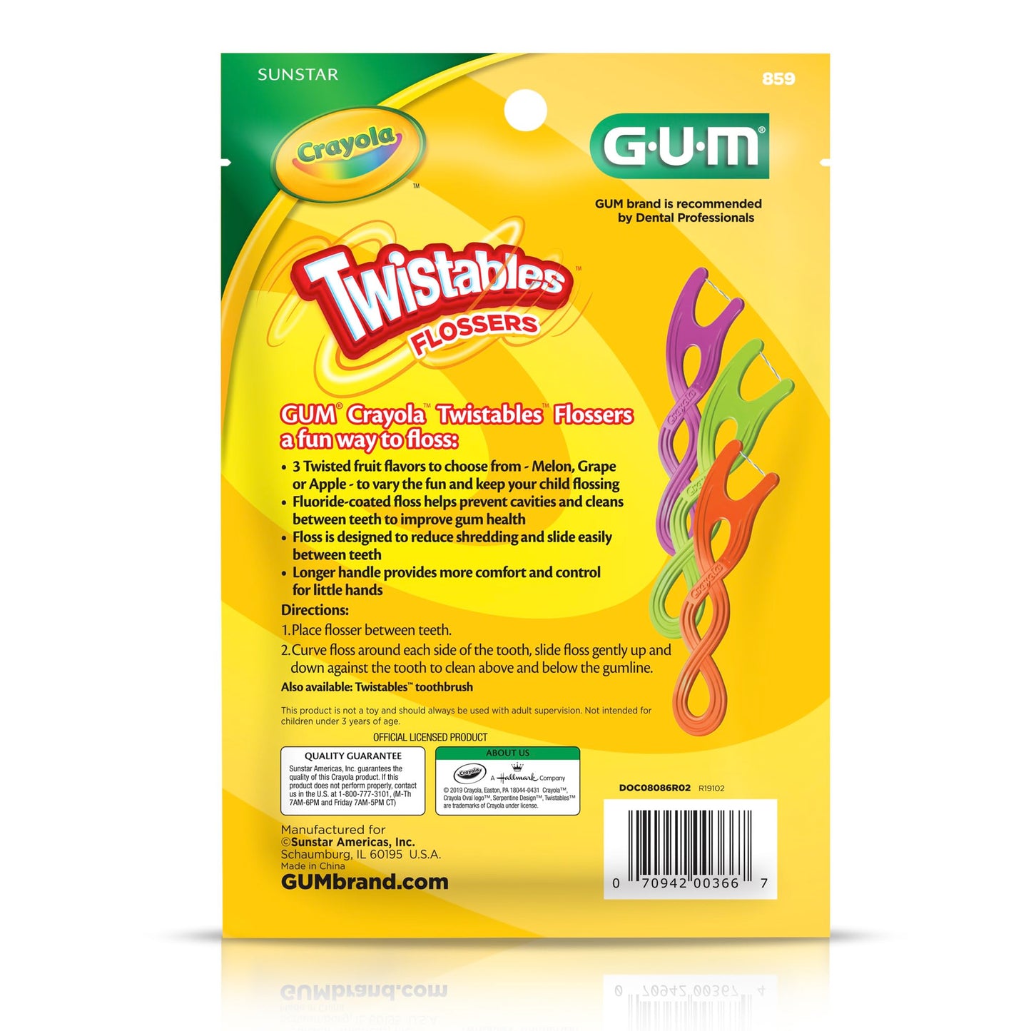 GUM Crayola Twistables Kids Flossers with Fluoride, Designed for Little Hands, Three Fun Fruit Flavors, Easy-to-Use Dental Floss Picks for Children Ages 3+, 90 Count (Pack of 4)