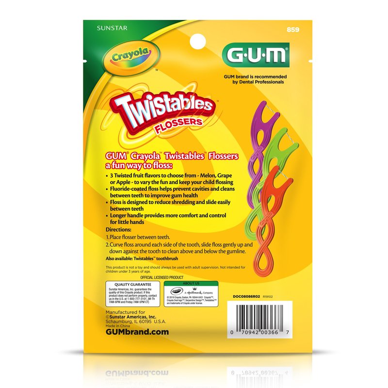 GUM Crayola Twistables Kids Flossers with Fluoride, Designed for Little Hands, Three Fun Fruit Flavors, Easy-to-Use Dental Floss Picks for Children Ages 3+, 90 Count (Pack of 4)