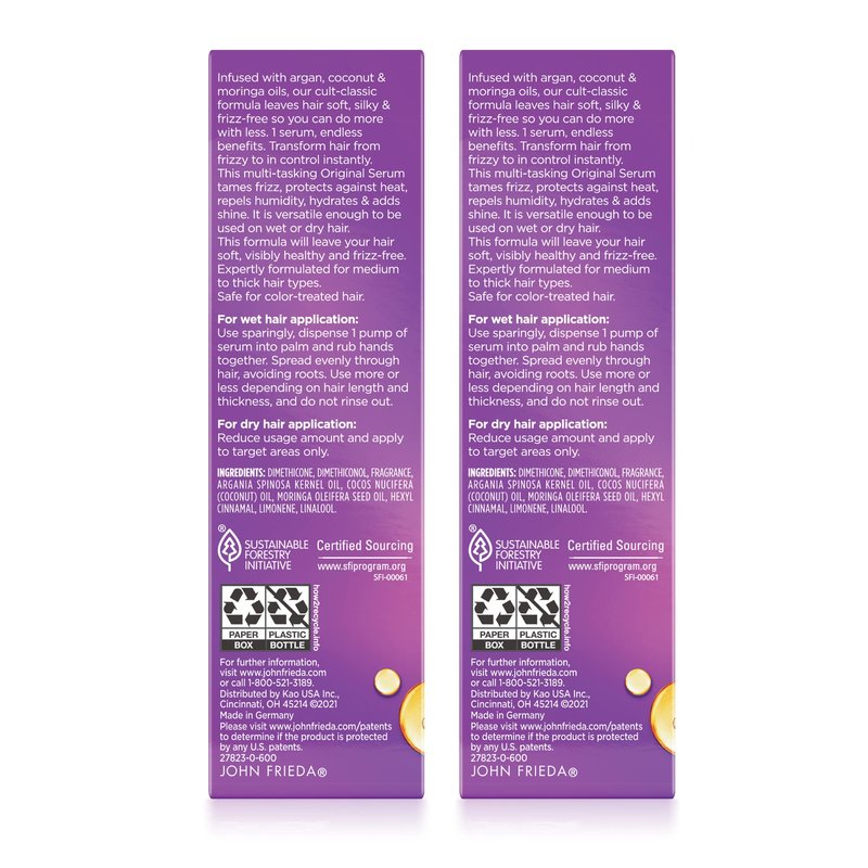 John Frieda Frizz Ease Original Hair Serum, Protecting Against Frizz, Heat, and Humidity While Adding Shine, Hydratesand Smooths Hair with Argan, Coconut, and Moringa Oil, 1.69 Oz, Pack of 2