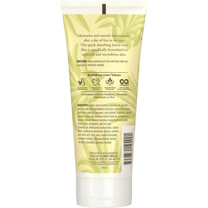 Burt's Bees After Sun Lotion with Hydrating Aloe Vera and Coconut Oil, Replenish and Recondition skin, Sunburn Relief, Natural Origin After Sun Soother, 6 oz. Tube