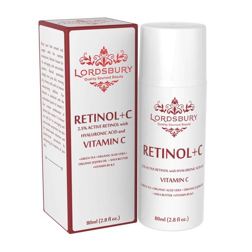 Anti Aging Retinol Cream Moisturizer w Vitamin C and Hyaluronic Acid - Large 2.8 fl oz - Pure Retinol 2.5% + Vitamin C + Organic Aloe - Day & Night on Face, Neck, Hands for Wrinkles - Lordsbury