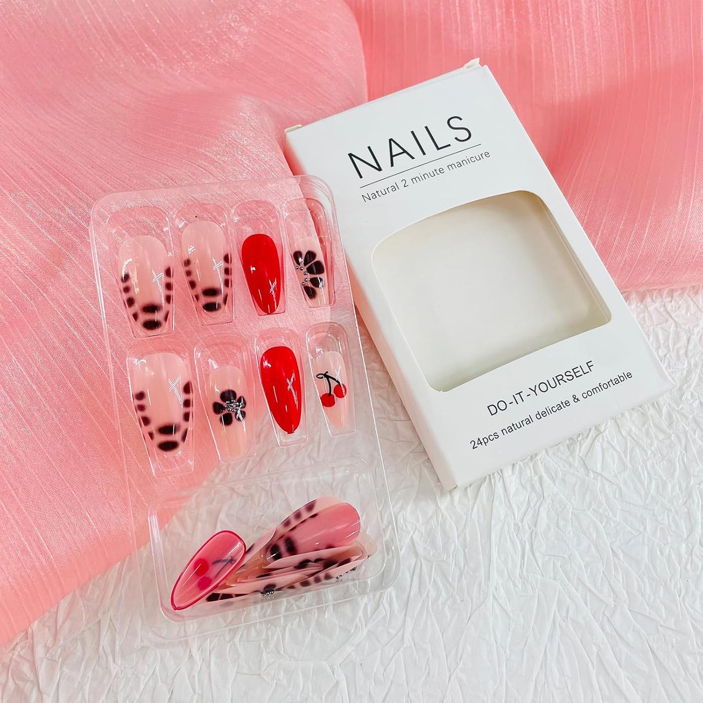French Tip Almond Press-On Nails with Gold Bow | Reusable Glossy Acrylic False Nails for Women