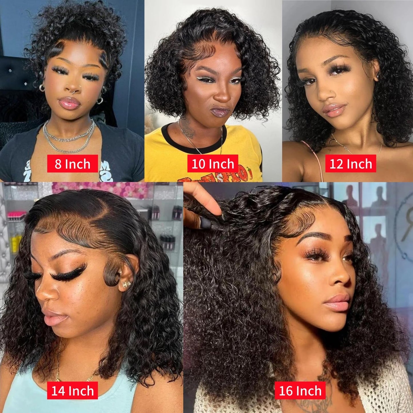 Nakkia Bob Wig Human Hair 13x6 Deep Wave Lace Front Wigs 13x6 Lace Frontal 180% Density Curly Bob Wig Human Hair Pre Plucked for Women Natural Black 8 Inch