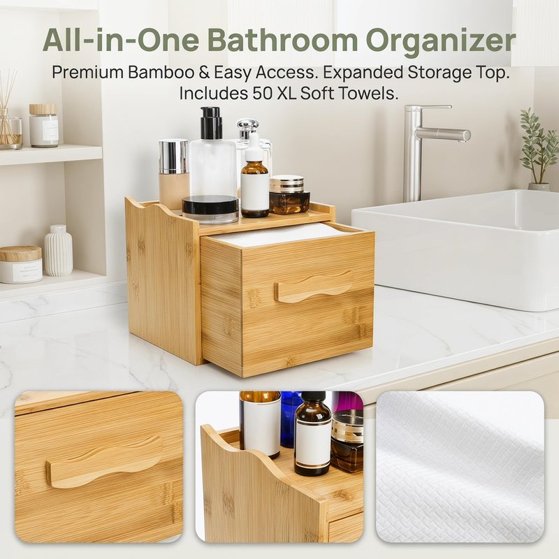 Jucoan Bamboo Towel Container with 50 Count XL Disposable Face Towel, Bamboo Storage Box with Drawer for Makeup Remover Dry Wipes, Disposable Washcloths, Bathroom Desktop Organizer