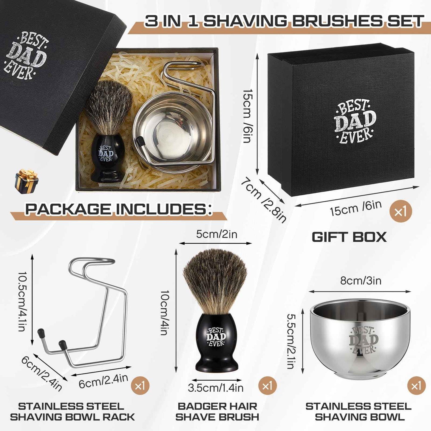 Reallnaive Best Dad Ever Gifts, Shaving Brush Kit for Father, 3 in 1 Shaving Set for Men's Birthday Gift from Daughter Son, Includes Badger Hair Shave Brush, Bowl and Stainless Steel Stand