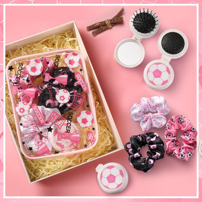 Sunnymove 36 Pcs Pink Soccer Gifts for Women 12 Pink Soccer Makeup Bag Bulk Cosmetic Bag Sport Team Gifts with 12 Sport Hair Scrunchies 12 Round Portable Folding Brush Mirror for Coach Team Party