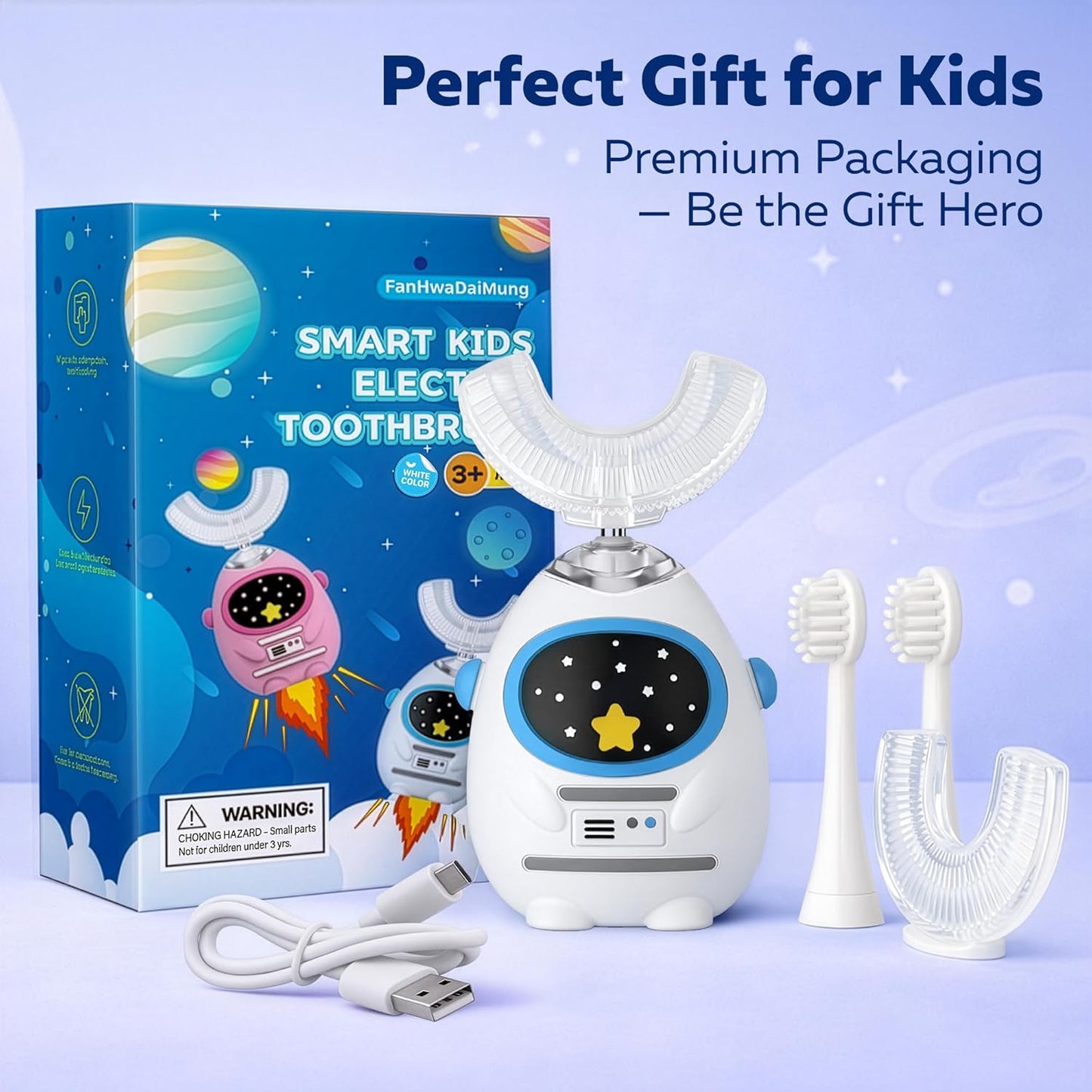 Kids U Shaped Electric Toothbrush - Music & Voice Guided, 4 Brush Heads, Rechargeable | Ages 3-7, Heroic White