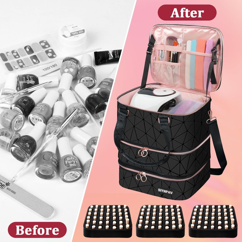 SIYNPAV Nail Polish Organizer Bag Holds 126 Bottles (15ml/0.5fl.oz)& Nail Lamp, 3 Layers Detachable Nail Kit Storage Case PU Leather, Large Travel Nail Supplies Shoulder Bag for Manicure Tools (Black)