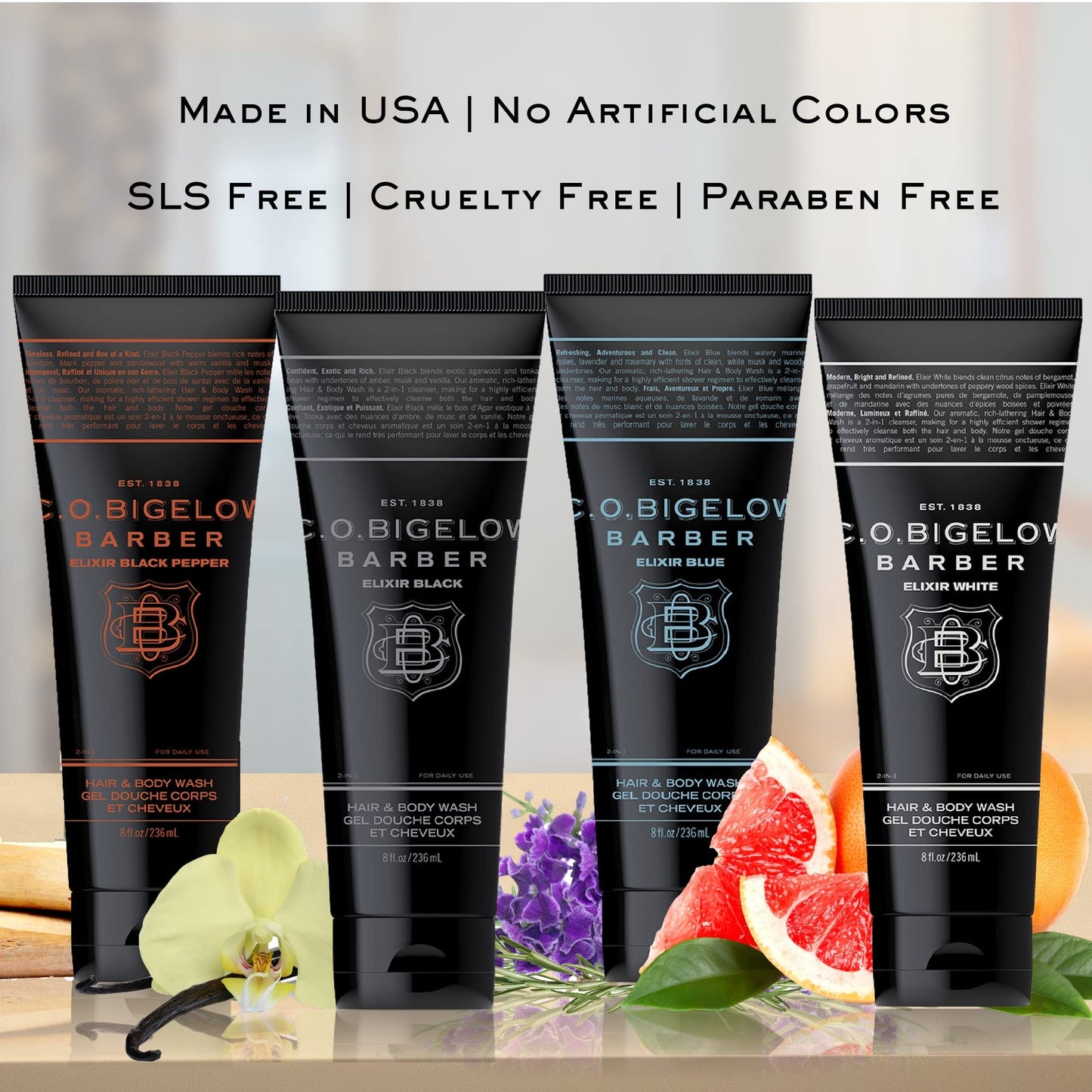 C.O. Bigelow Elixir White Hair & Body Wash for Men, Pack of 2 Spice & Citrus Scented Men's 2 in 1 Shampoo & Body Wash, 8 Fl Oz