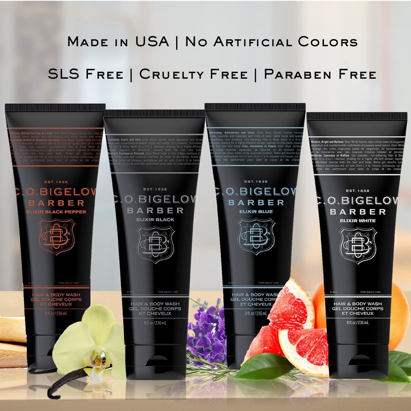 C.O. Bigelow Elixir White Hair & Body Wash for Men, Pack of 2 Spice & Citrus Scented Men's 2 in 1 Shampoo & Body Wash, 8 Fl Oz