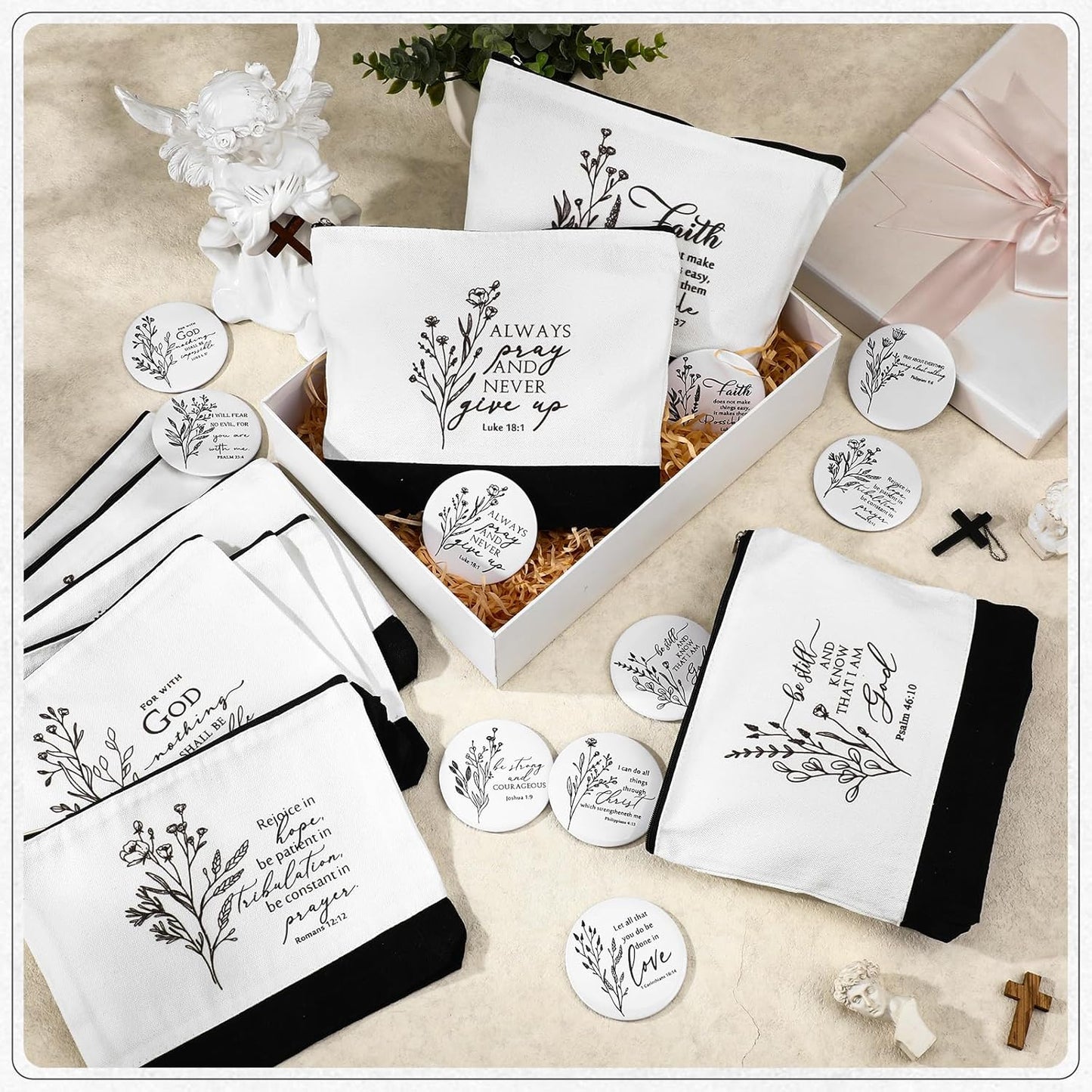 Christian Gifts for Women - 20 Inspirational Canvas Makeup Bags & Mini Bible Verse Mirrors | Bulk Set for Church, Mom, Pastor, Sunday School