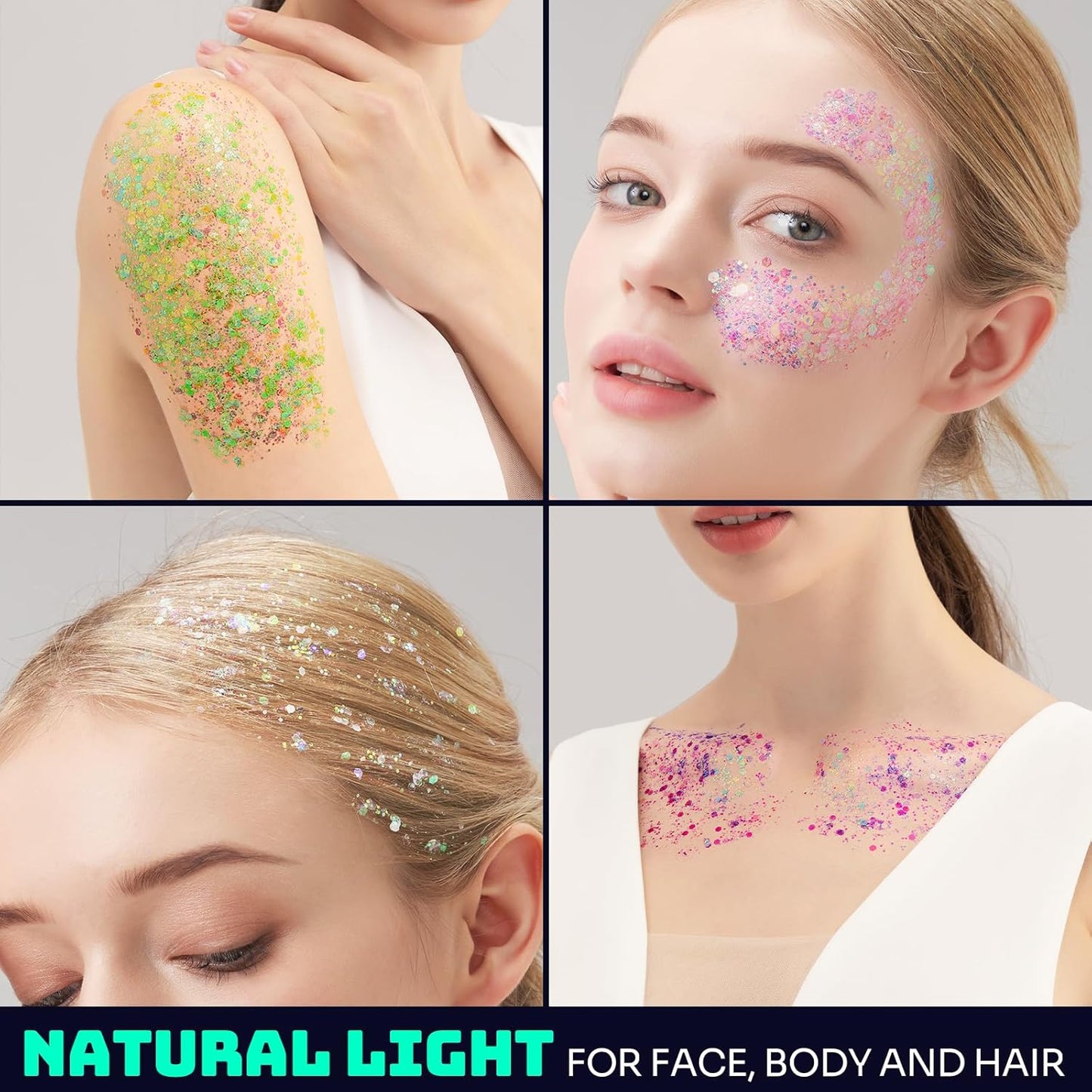 Teenitor 6 Colors Glow in The Dark Glitter Gel, Face Glitter Gel, Body Glitter Hair Glitter for Halloween Makeup UV Black Light Party Cheer Raves Festivals