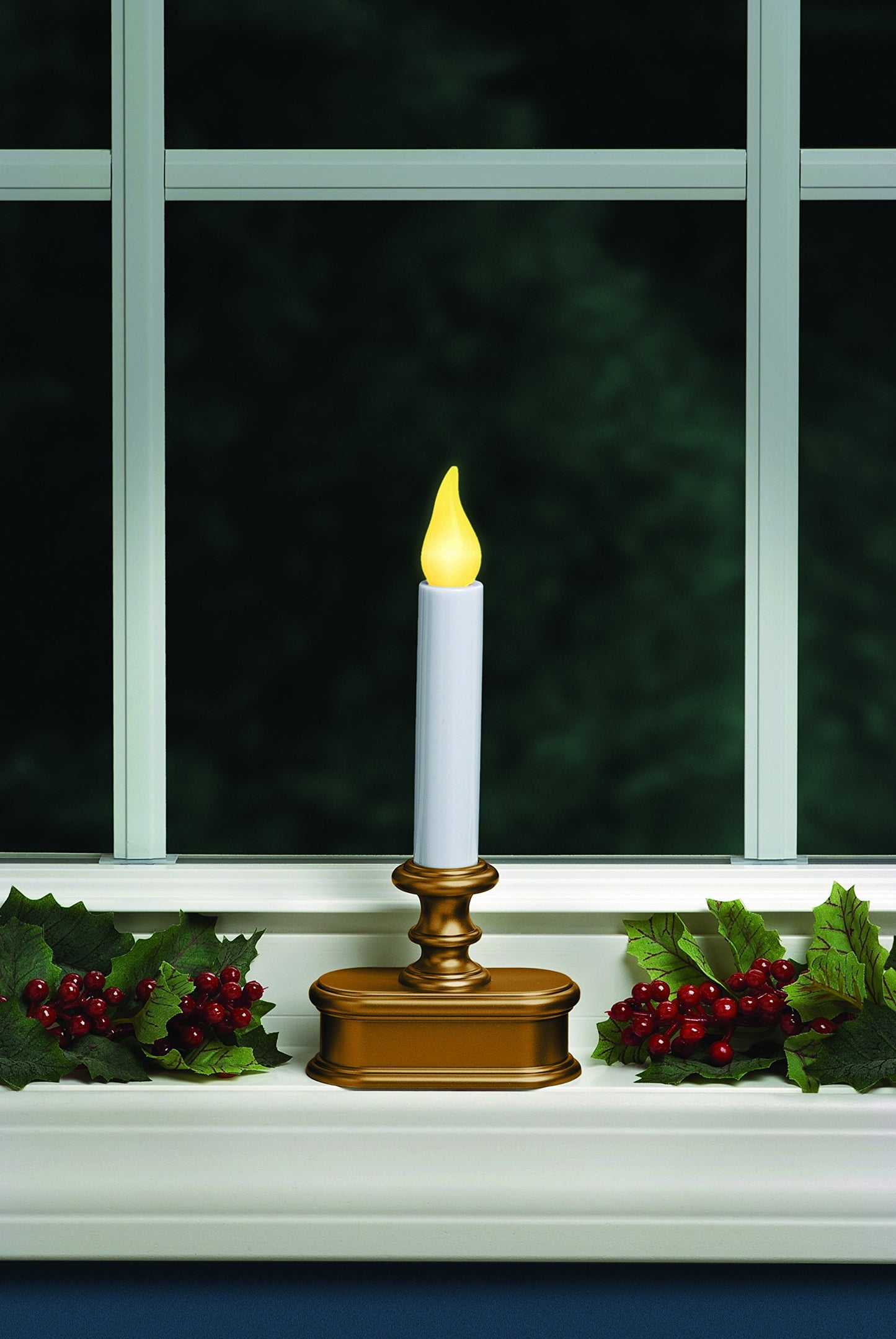 Xodus Innovations FPC1221B 8 inch Battery Operated LED Dusk to Dawn Window Candle with Amber Steady On or Flicker Flame, Gold/Brass