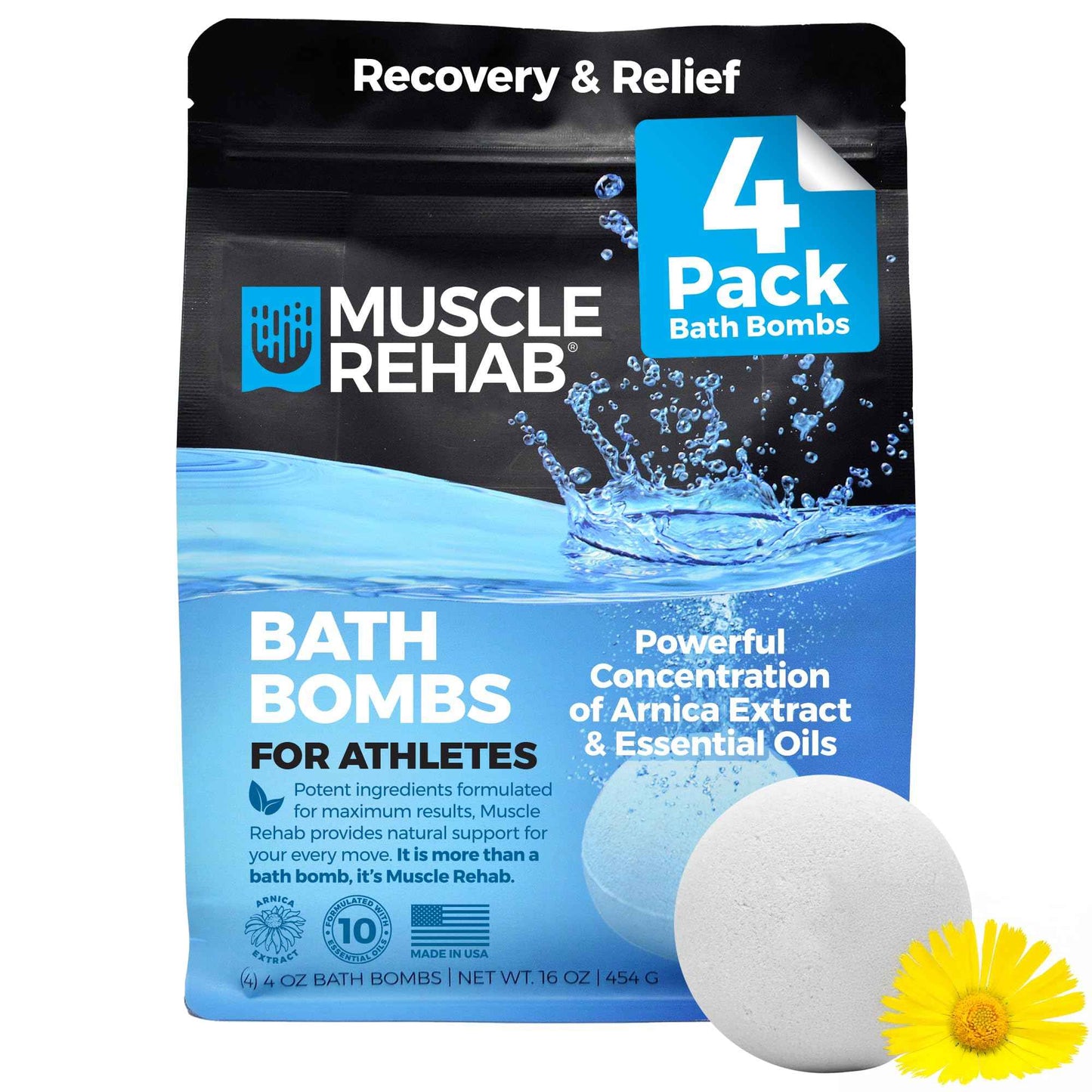 Muscle Rehab Epsom Salt Bath Bombs with Arnica (4 Pack) | Magnesium Recovery Soak for Sore Muscles, Post-Workout Relief & Relaxation | Eucalyptus, Turmeric & Clary Sage Essential Oils