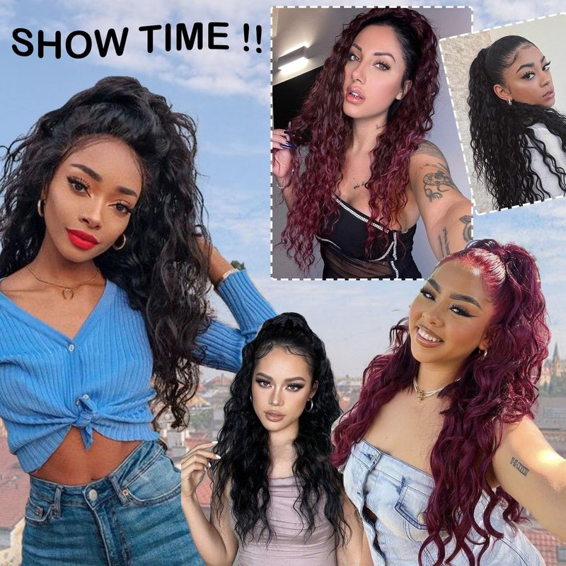 ISIGROSI Wine Red Wave Ponytail Extension Claw In - 28 Inch Long Curly Natural Wave Pony Tail Synthetic Clip in Hairpiece Ponytail Hair Extension for Women Daily Use