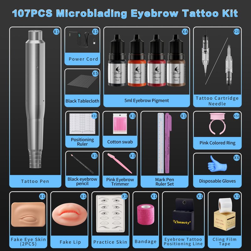 Microblading Tattoo Gun Kit for Beginners, YBEAUTY Complete Wired Tattoo Pen Set with 20Pcs Cartridge Needles for Eyebrow, Lip, Eyeliner, Makeup Supplies (Silver)