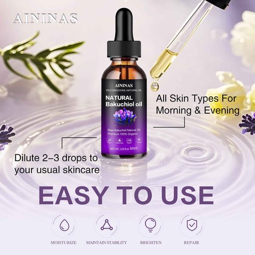 AIninas Bakuchiol Oil Organic for Face - Natural Retinol Alternative Reduces Wrinkles & Fine Lines, Sensitive Skin Safe, Mix with Moisturizer - Hydrating Facial Serum for Day & Night Use, 2 fl oz