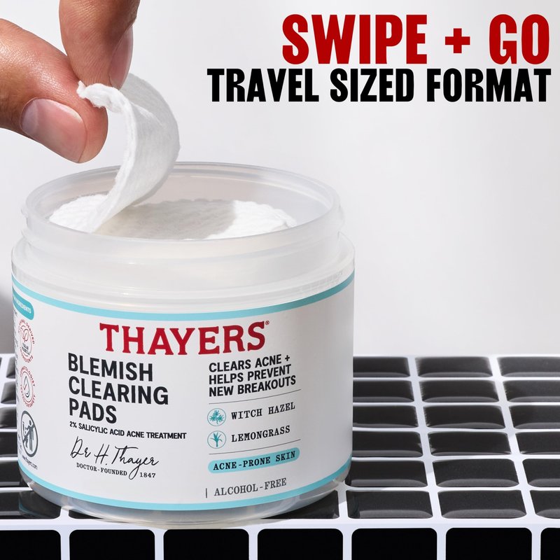 Thayers Blemish Clearing Acne Pads, Salicylic Acid Acne Treatment for Face, Pore Reducing, Exfoliating, and Soothing Skincare, Witch Hazel Toner Pads, 60 Ct