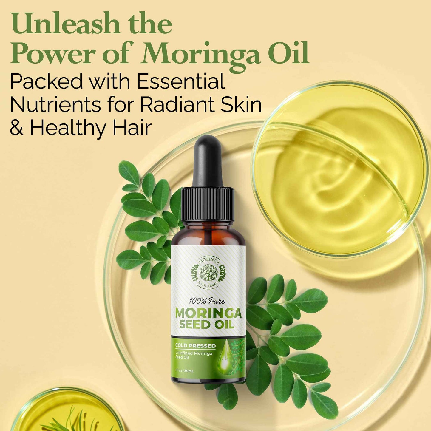 Moringa Seed Oil – 100% Pure, Cold-Pressed & Virgin, Unrefined Non-GMO Vegan Oil, Ultra-Hydrating Moisturizer for Dry Skin, Damaged Hair & Body, Anti-Aging, Ideal Carrier Oil