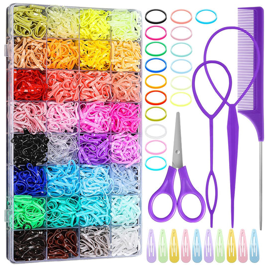32 Colored Elastic Ties, 1700 Pieces Rubber Bands With 14 Styling Tools, Hair Tie Cutter and Accessories for Girls, Baby, Toddler, Kids