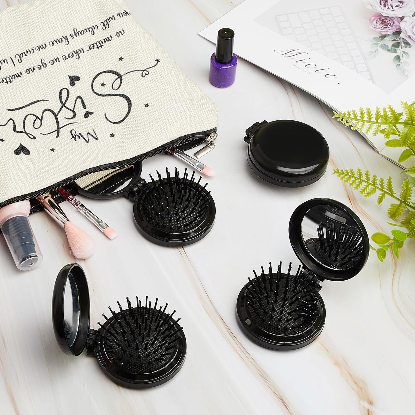 Uiifan 50 Pcs Mini Hair Brush Foldable Travel Mirror Hair Brushes Round Portable Folding Pocket Mini Comb Compact Travel Size Massage Comb for Men Women