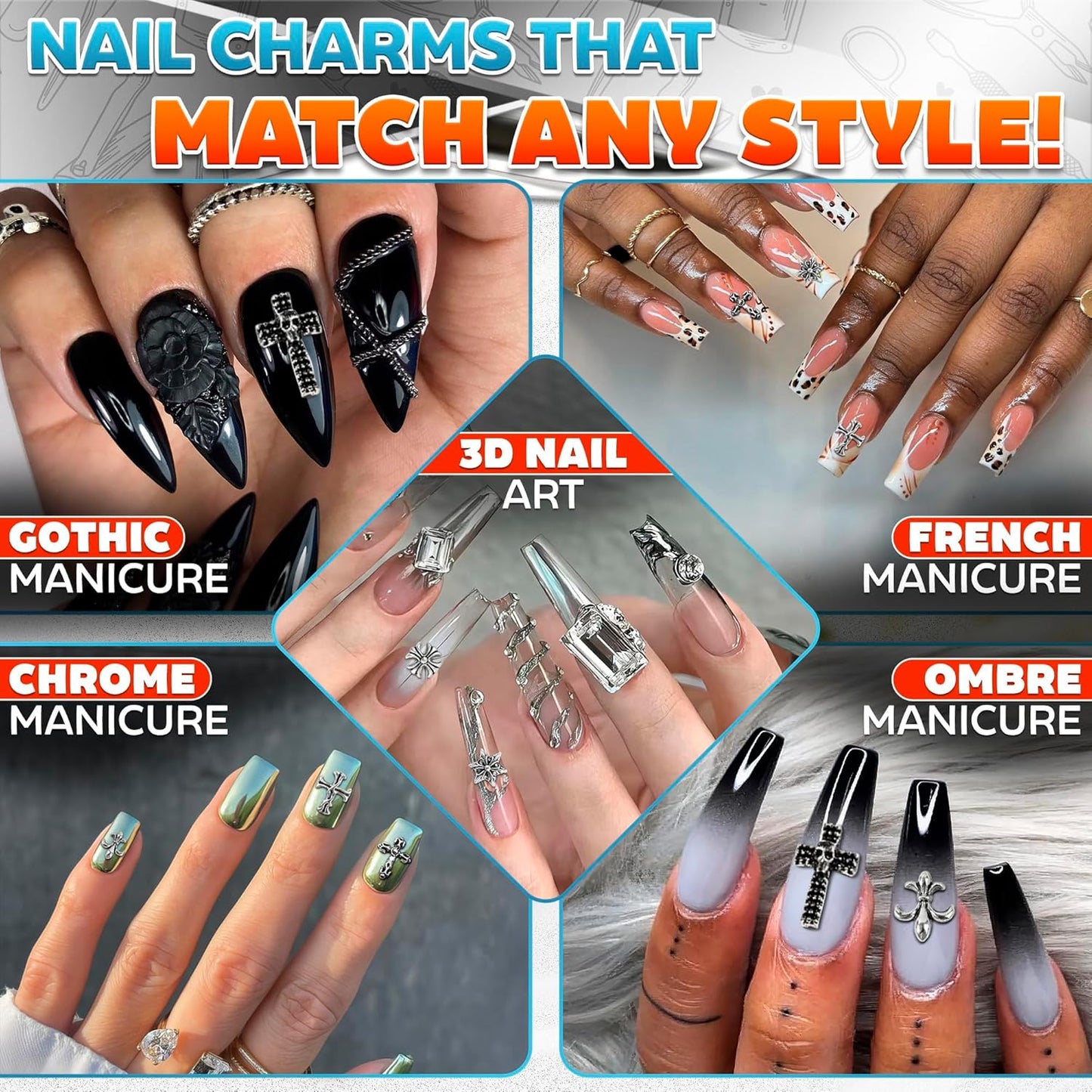 100 Pcs Silver Cross Nail Charms and Gems – 3D Acrylic Cross Charms for Nails for DIY & Professional Manicure – Easy-to-Apply & Durable Nail Decorations, Versatile for Y2K & Nail Studs