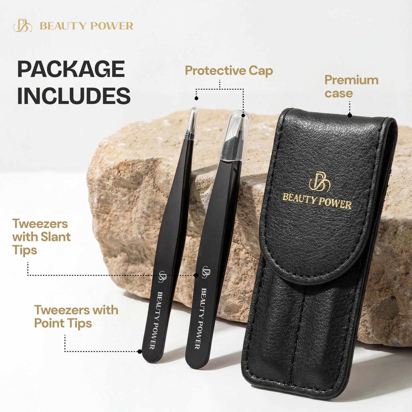 Beauty Power Precision Tweezers for Women Facial Hair & Men - Professional Tweezers Set with Slant & Point Tips, German Stainless Steel, Black PU Leather Case, Lightweight & Ultra Precision - Gift