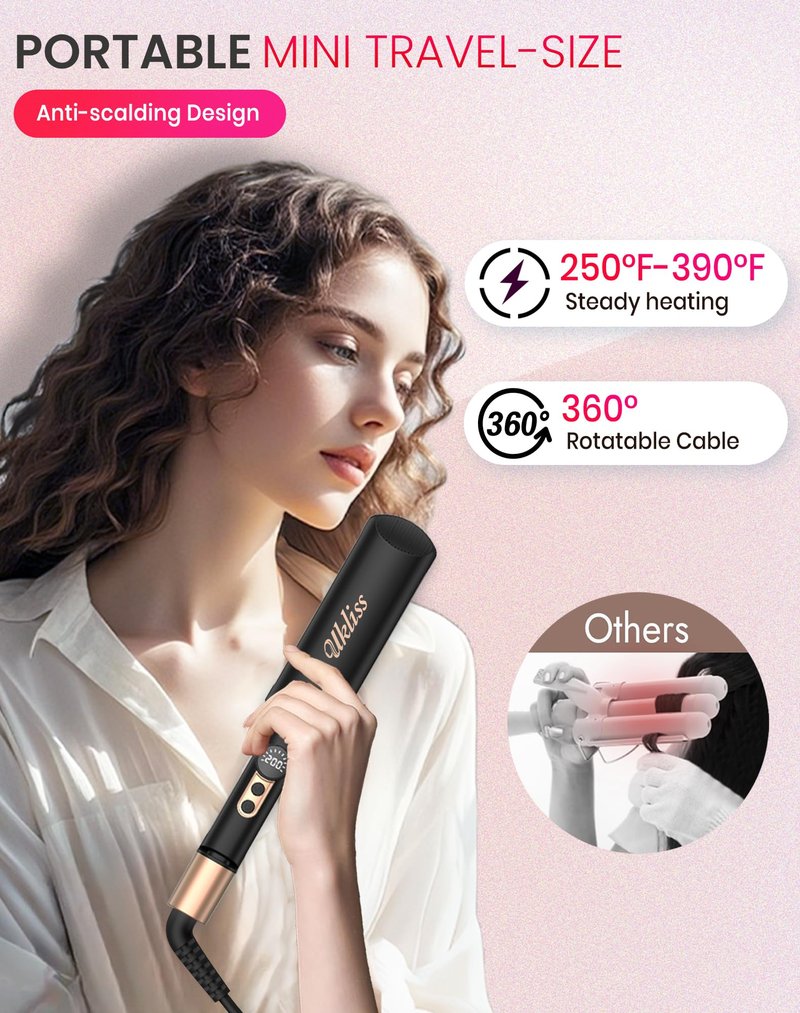 Travel Mini Waver Hair Tool Crimper for Women 0.4 inch Small Double Barrel S Waver Curling Iron Dual Voltage (110-240V) with European Plug Adapter, 5 Temps, Anti-scalding, Auto-Off (Black)