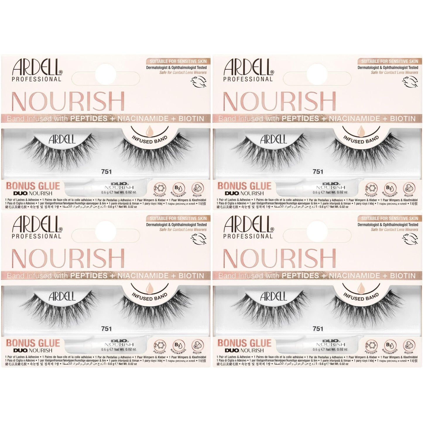 Ardell Nourish Lashes 751 – False Eyelashes with Peptides & Biotin Infused Band, Lash Glue Included, Natural Wispy Strip Lashes for Sensitive Eyes, 4 Pack