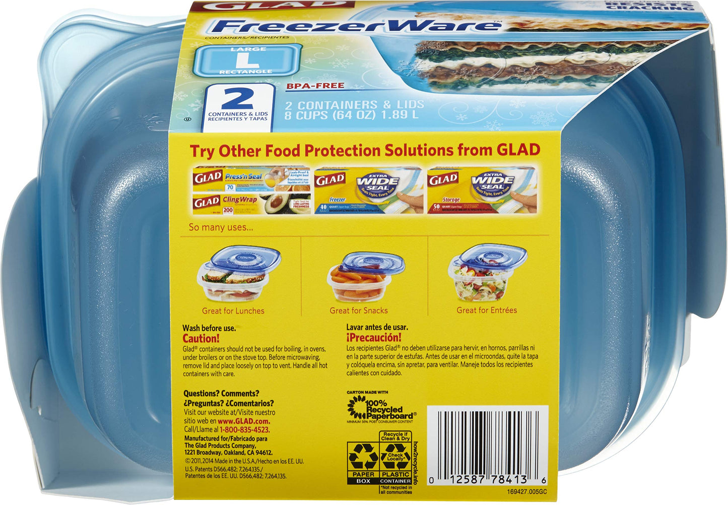Gladware Freezerware Food Storage Containers, Large Rectangle Holds 64 Ounces of Food, 2 Count Set | Tupperware, Plastic Food Container, Meal Prep Container, Plastic Containers with Lids