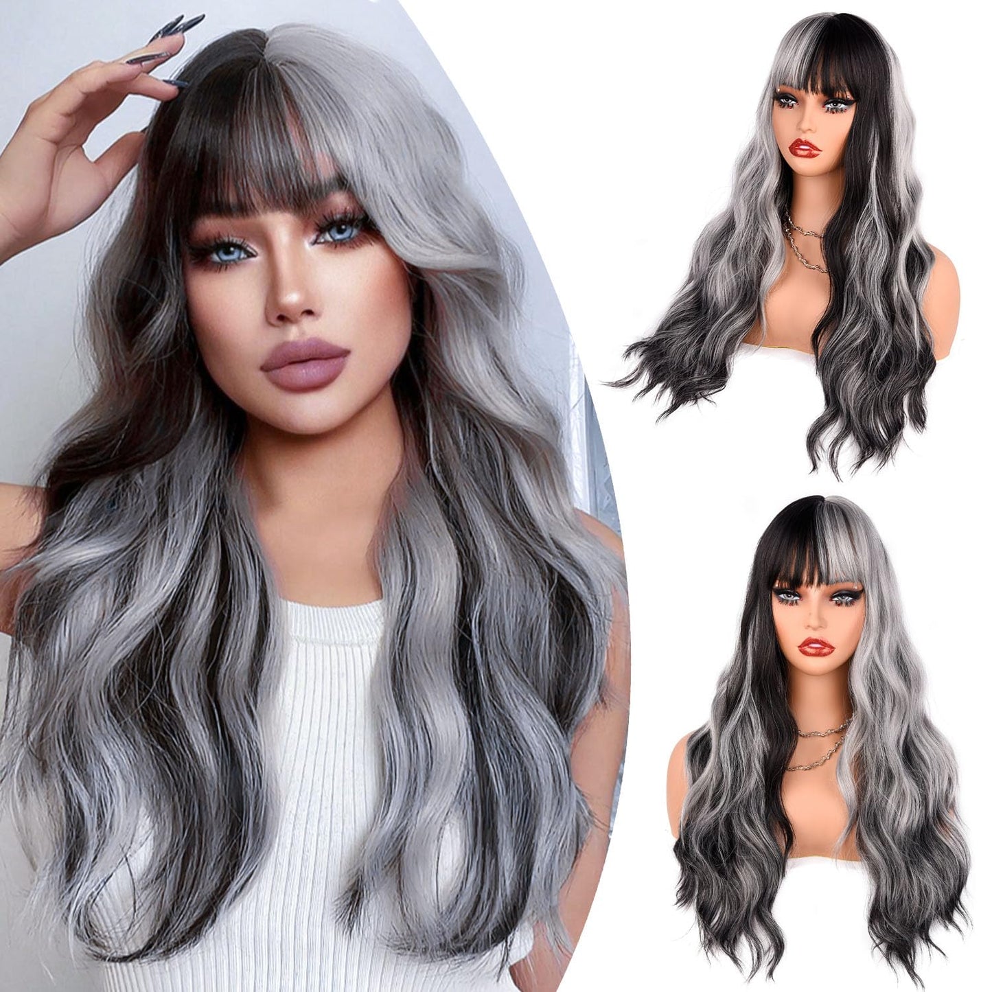 Grey Wig with Bangs - 26 Inch Long Wavy Synthetic Hair | Natural-Looking Heat-Resistant Style for Women