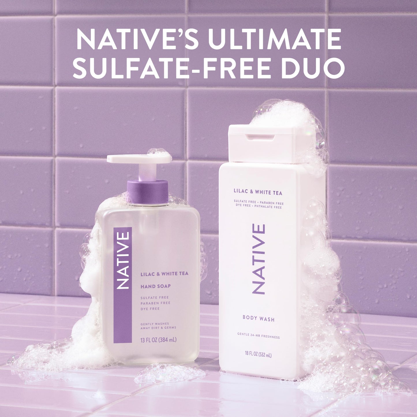 Native Clean Body Wash, Gentle & pH-balanced for Sensitive Skin, 24-Hr Freshness for Women & Men, Vegan & Cruelty-Free, Free of Sulfates, Parabens & Phthalates, Lilac & White Tea, 18fl oz
