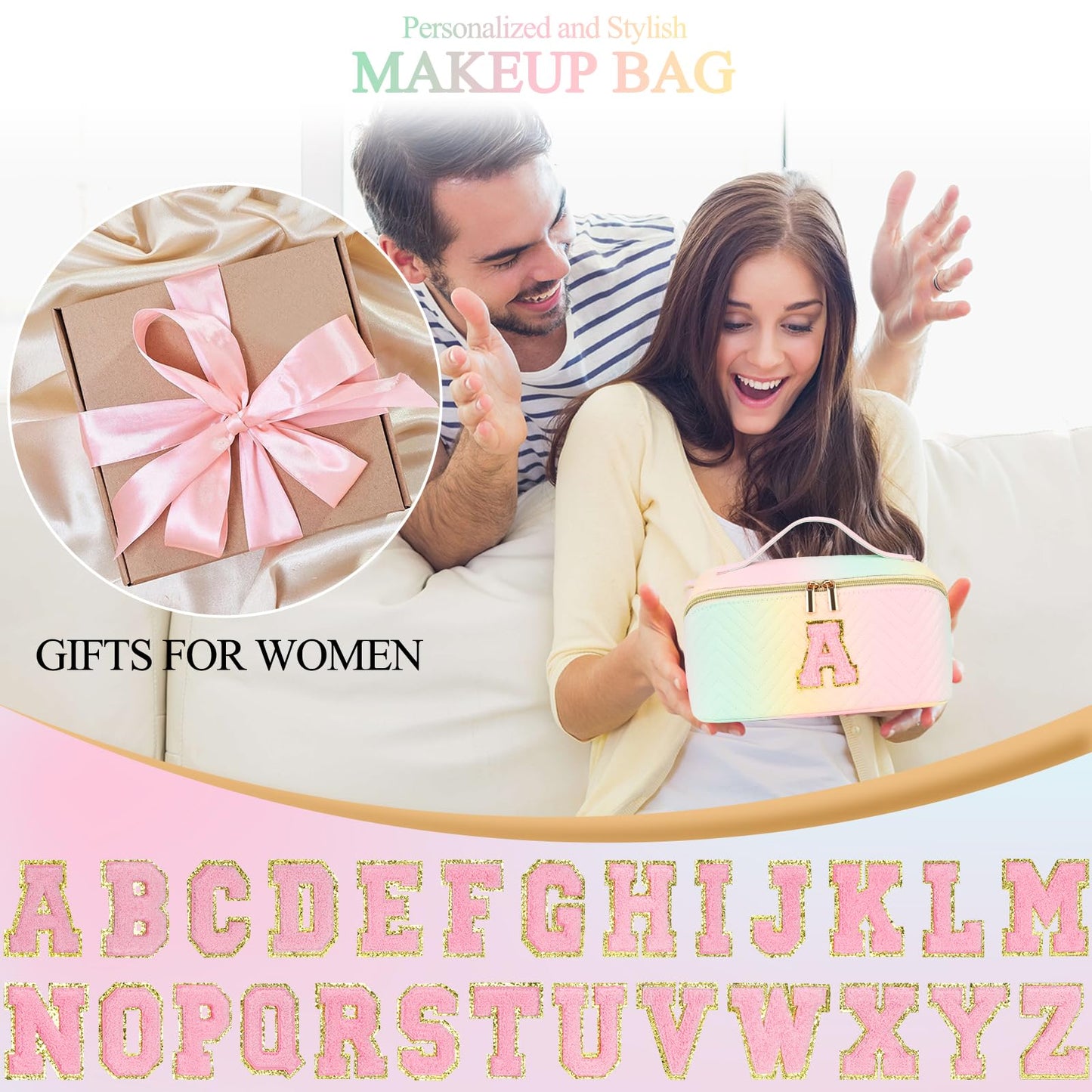 Personalized Initial Travel Makeup Bag | Trendy Girls Make up bags, Large Capacity Colorful Cosmetic Bag Organizer for Women, Leather Waterproof Open Flat Toiletry Bags for Teen friends Gifts - E