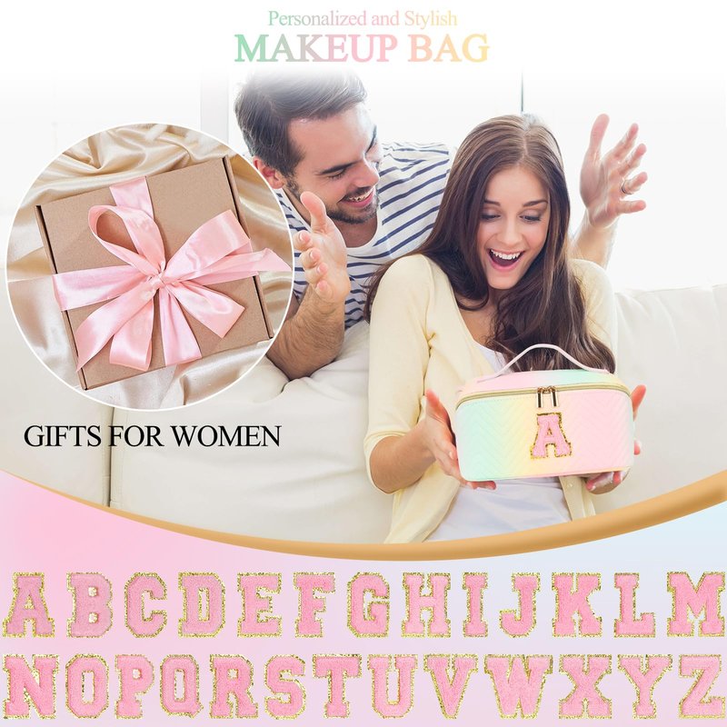 Personalized Initial Travel Makeup Bag | Trendy Girls Make up bags, Large Capacity Colorful Cosmetic Bag Organizer for Women, Leather Waterproof Open Flat Toiletry Bags for Teen friends Gifts - E
