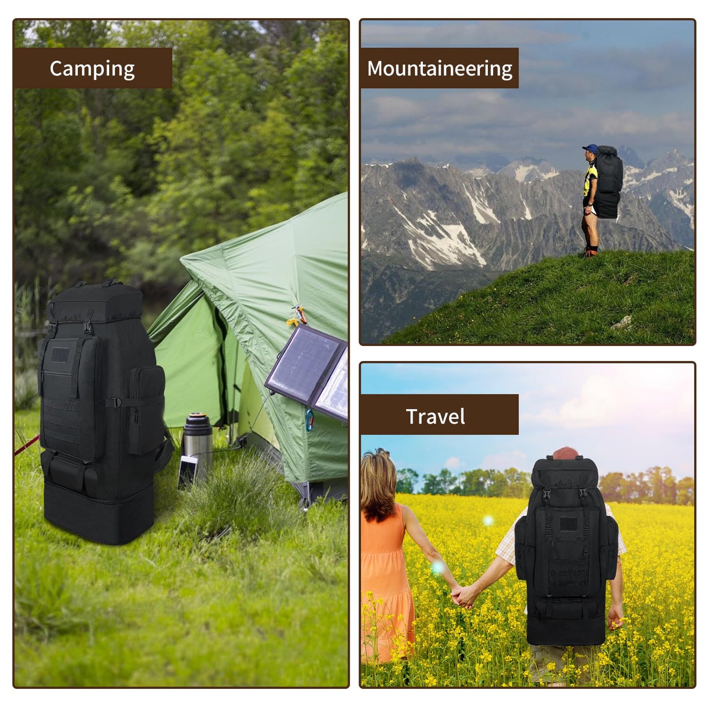 Vaupan Hiking Backpack, 100L Large Camping Backpack, Expandable Waterproof Molle Rucksack, Outdoor Sport Travel Daypack Military Tactical Back pack for Men Women (Black)