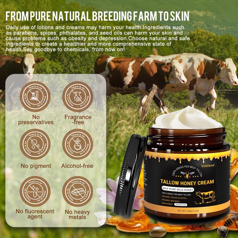 Tallow Face Moisturizer(4.2 oz) - 100% Grass - Fed Beef Tallow Blended with Organic Beeswax and Honey Balm - Tallow and Honey Balm - Deep Wrinkle-Fighting Moisturize,Suitable for All Skin Types