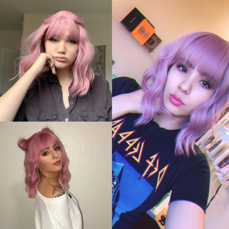 VCKOVCKO Pink Wavy Wig With Air Bangs Gift for Lady and Girls Women's Short Wigs Curly Wavy Shoulder Length Synthetic Wig for Women Daily Use Colorful Wigs(12", Purple Pink)