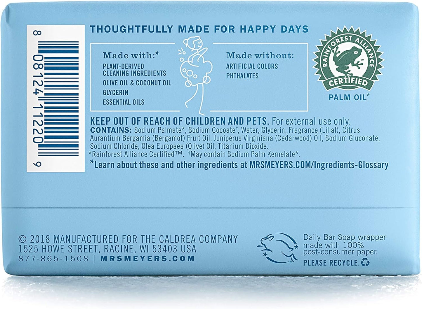 MRS. MEYER'S CLEAN DAY Bar Soap, Use as Body Wash or Hand Soap, Made with Essential Oils, Rain Water, 5.3 oz, 1 Bar