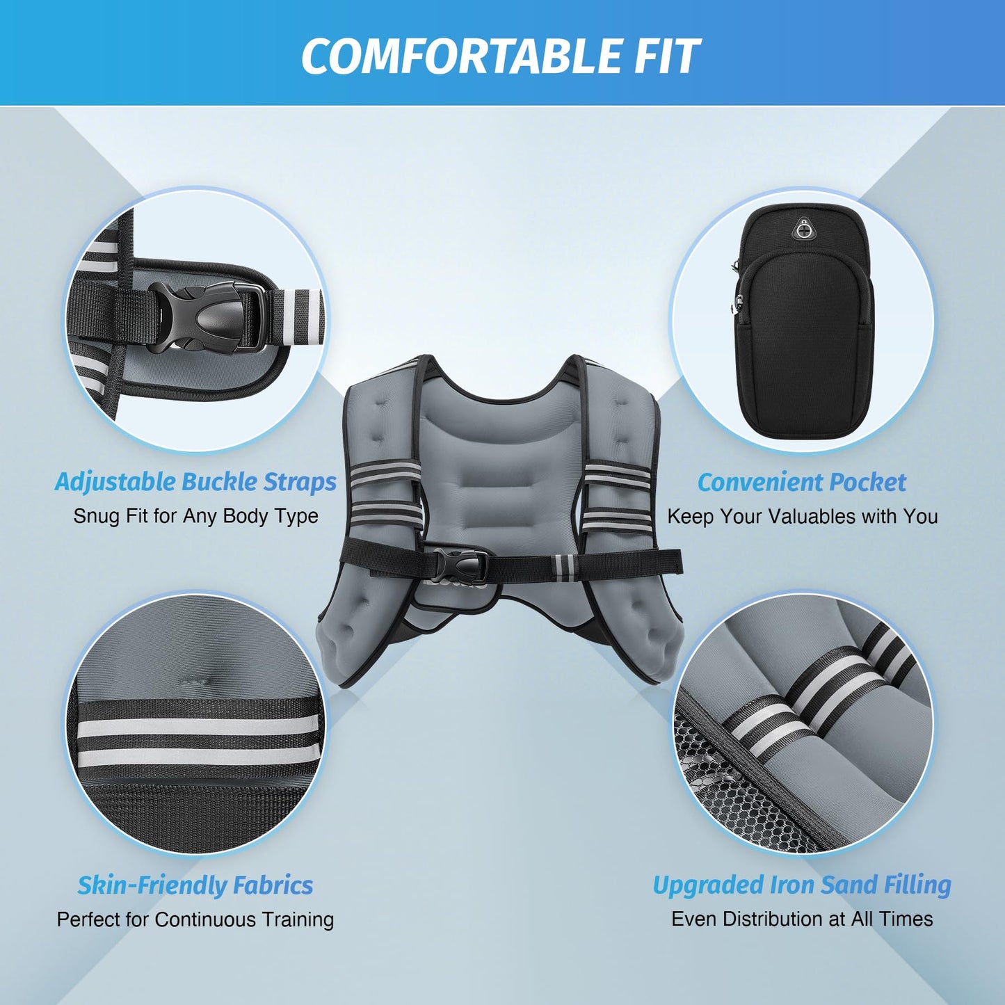 ZELUS Weighted Vest, 6lb/8lb/12lb/16lb/20lb/25lb/30lb Weight Vest with Reflective Stripe for Workout, Strength Training, Running, Fitness, Muscle Building, Weight Loss, Weightlifting, Grey(8 lb)