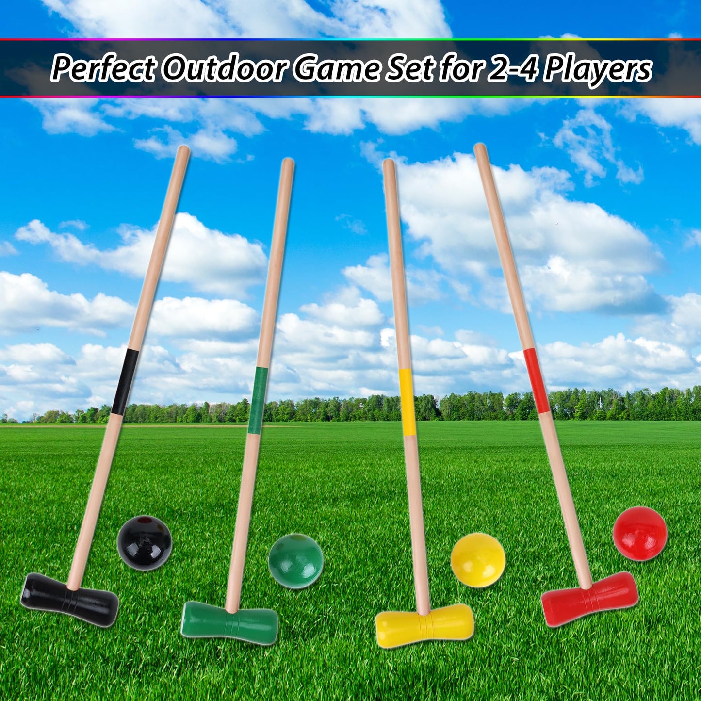 GOTHINK 4 Players Croquet Set with Wooden Balls for Adults & &Kids - Summer Outdoor Games for Lawn Backyard Activity - 30Inch Wooden Mallets,Colored Ball, Wickets, Stakes
