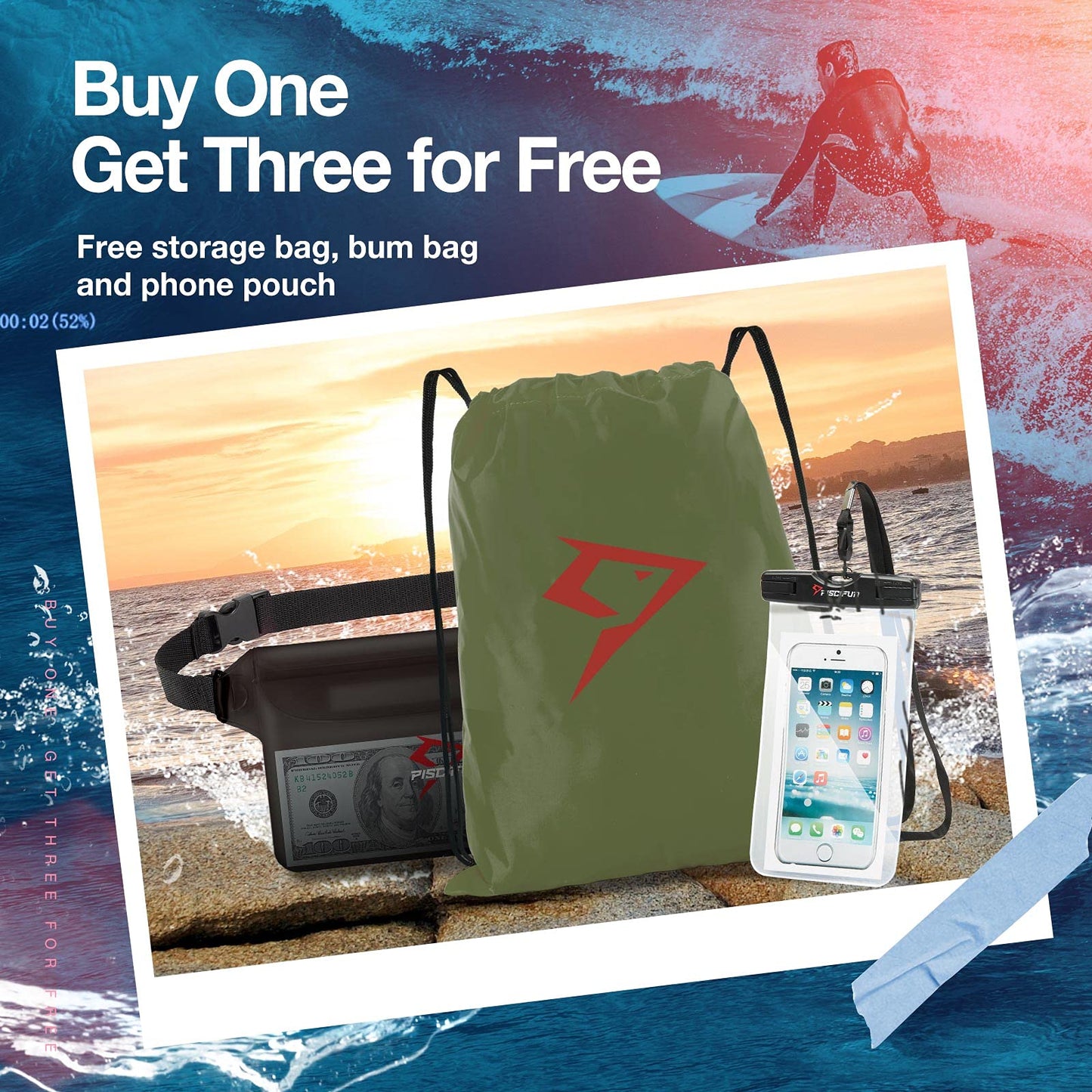 Piscifun Dry Bag Waterproof, Floating Dry Backpack, Lightweight Waterproof Dry Bag with Waist Pouch and Phone Case for Kayaking, Camping, Beach, Boating & Swimming for Men & Women Army Green 30L
