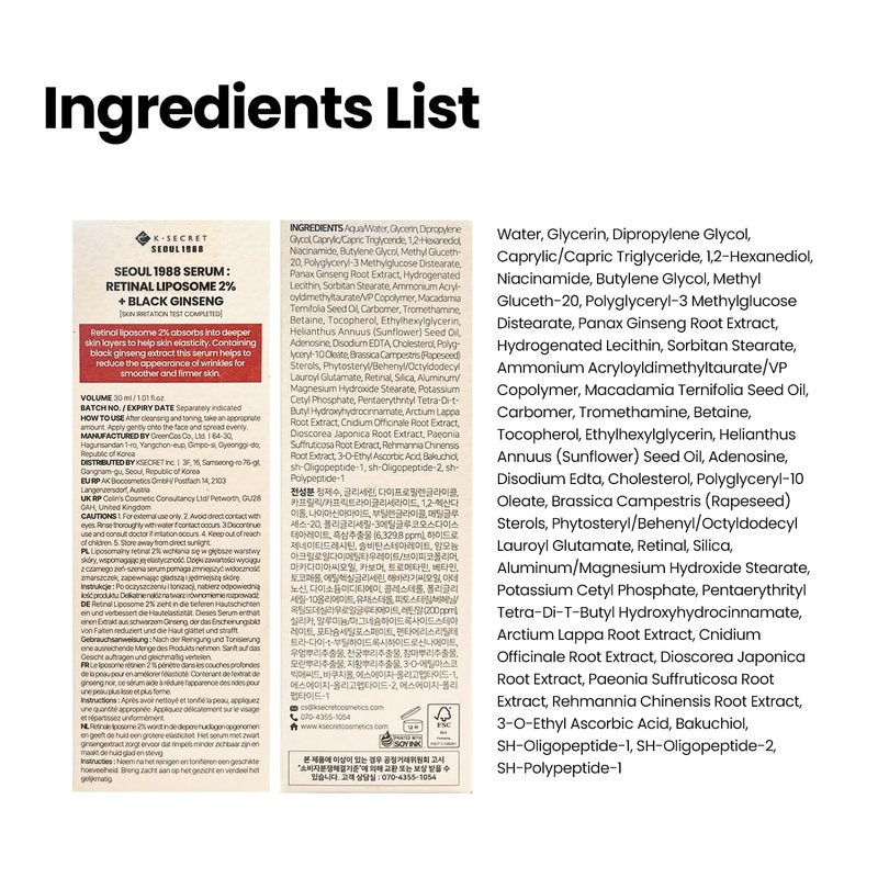 K-SECRET SEOUL 1988 Retinal Serum – Formulated with Advanced Retinal Liposome 2% and 58% Black Ginseng Extract | Fine Lines and Skin Texture Care Serum | Korean Skincare, 30ml / 1.01 fl oz
