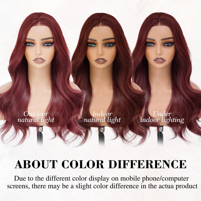 WECAN Wine Red-Synthetic Lace Front Wig Glueless Wig 13X4 Pre Plucked Pre Cut Wavy Wig
