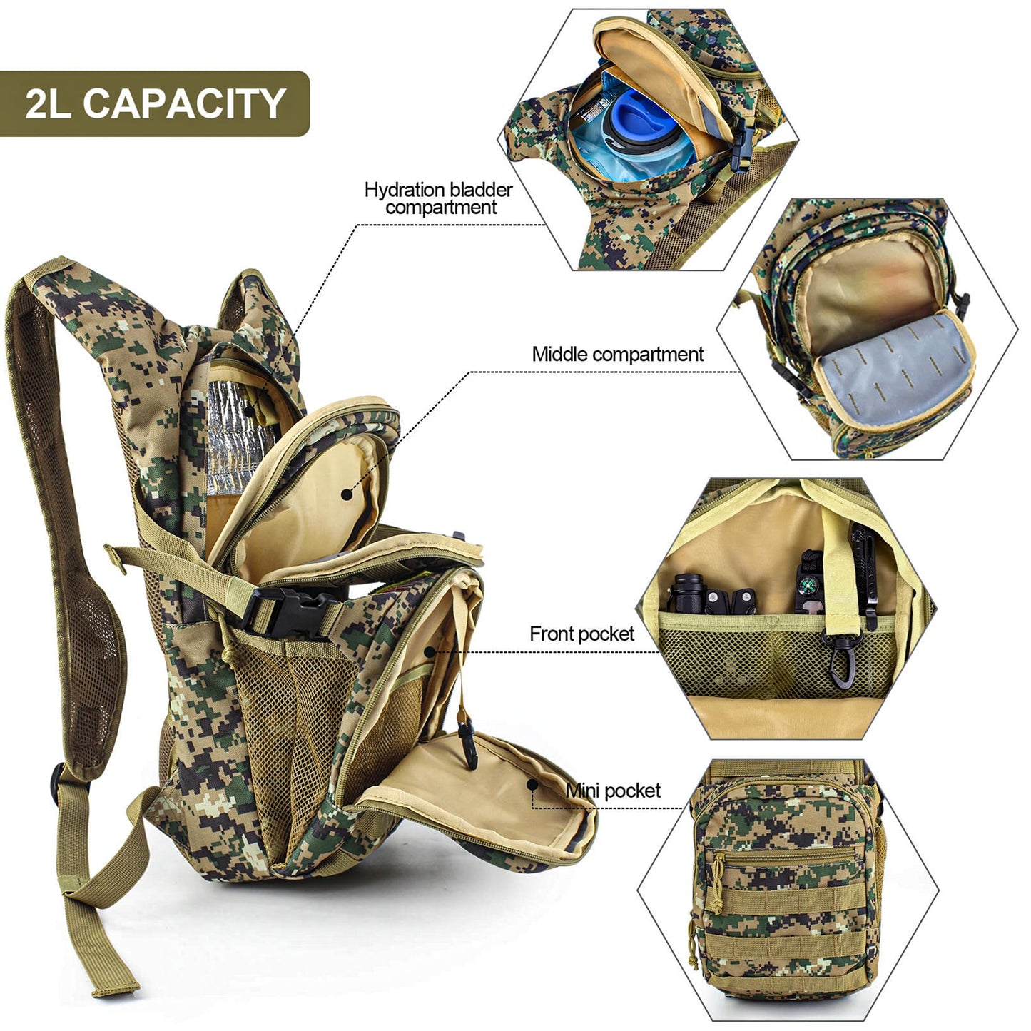 Zavothy Camo Hydration Backpack with 2L Water Bladder Tactical Molle Water Backpack for Men Women Hydration Pack for Hiking Running Climbing