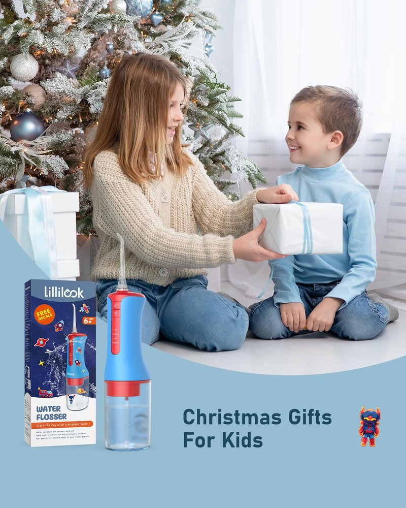 Lillilook Kids Water Flosser Blue, Rechargeable Oral Irrigator for Kids Aged 6+, 4 Modes, 3 Jet Tips, Fun Stickers, Safe and Gentle Oral Care