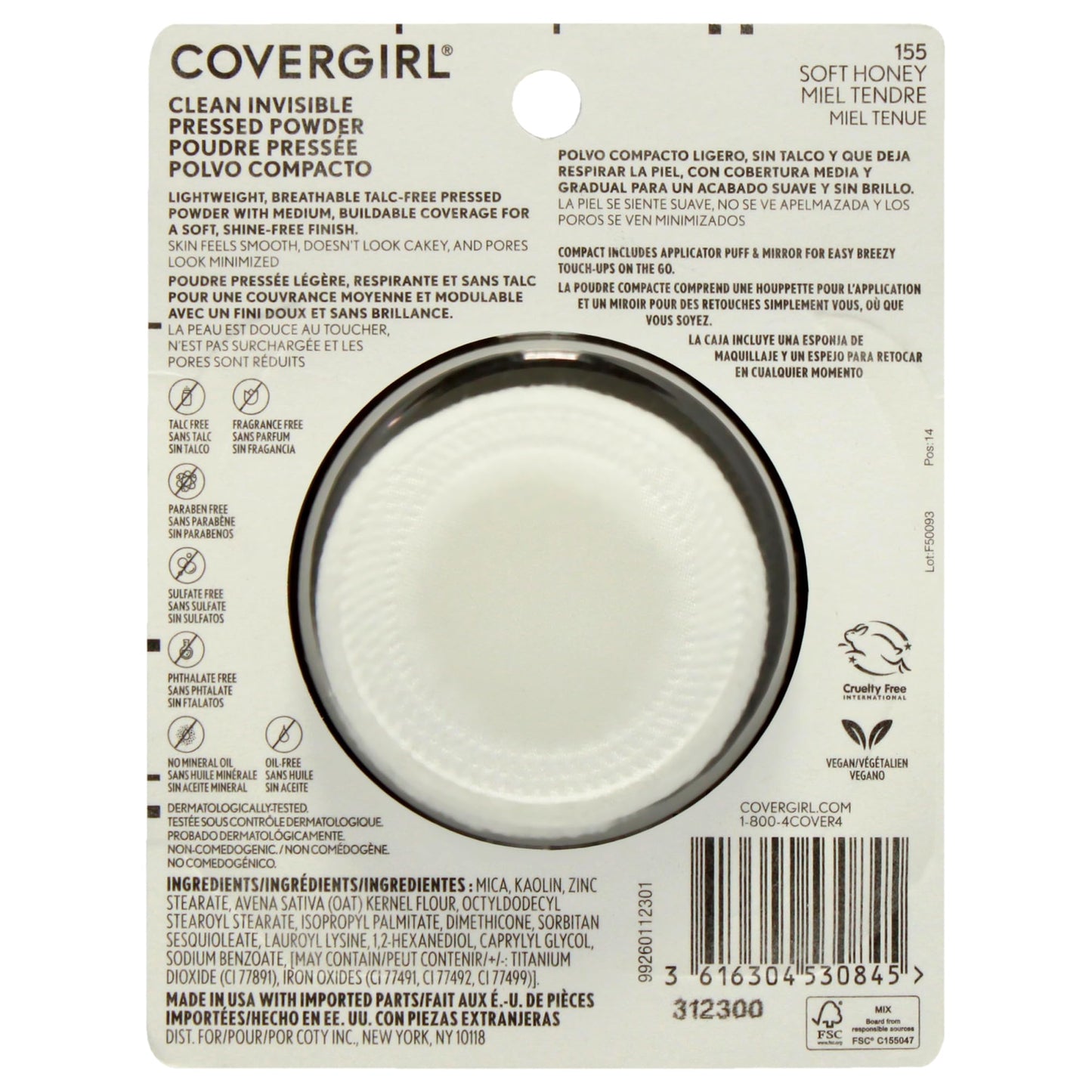 Covergirl Clean Invisible Pressed Powder, Lightweight, Breathable, Vegan Formula, Soft Honey 155, 0.38oz (Pack of 2)