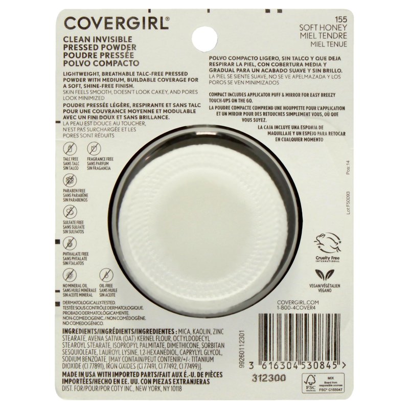 Covergirl Clean Invisible Pressed Powder, Lightweight, Breathable, Vegan Formula, Soft Honey 155, 0.38oz (Pack of 2)
