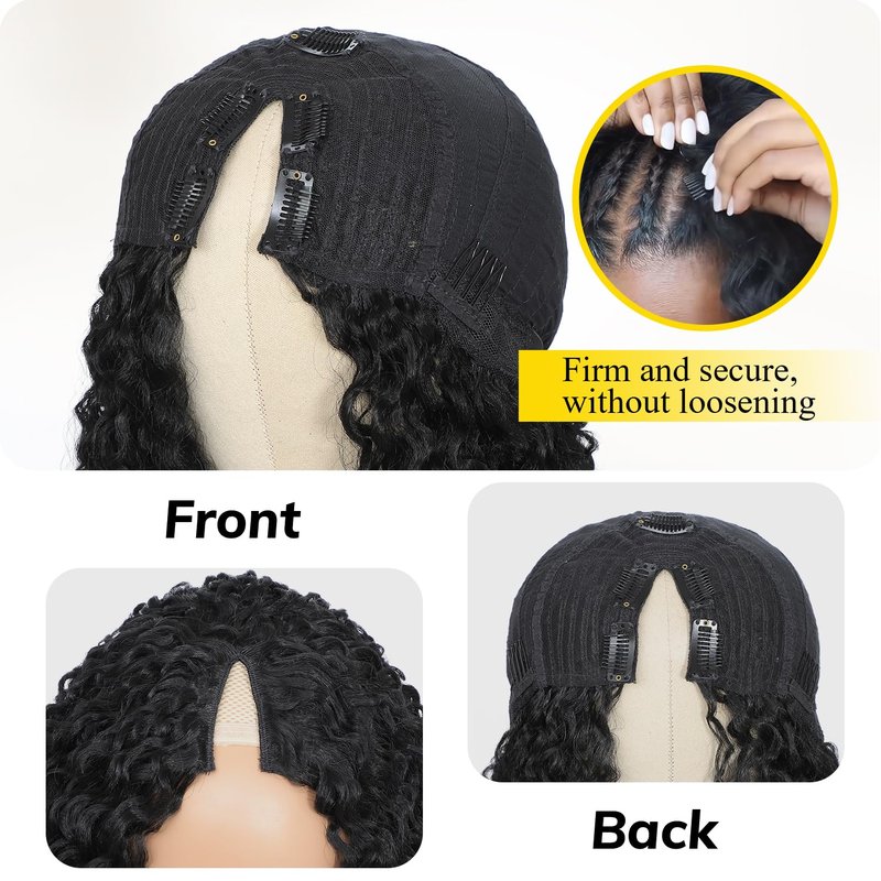 HUA 14 Inch Curly V Part Wig Human Hair Mixed Synthetic Upgrade U Part Human Hair Wig for Black Women Daily Use Glueless V Shape Wigs Afro Curly Wigs 180% Density 1B#