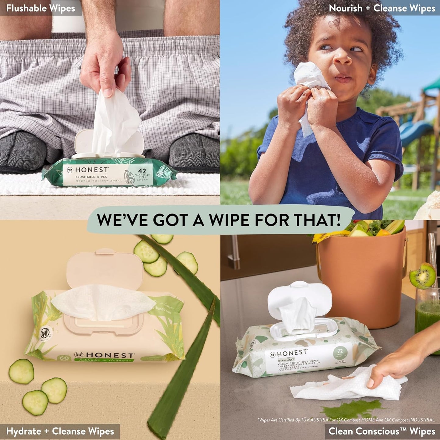 The Honest Company Hydrate + Cleanse Naturally Scented Wipes | Cleansing Multi-Tasking Wipes | 99% Water, Plant Based, Hypoallergenic | Aloe + Cucumber, 60 Count
